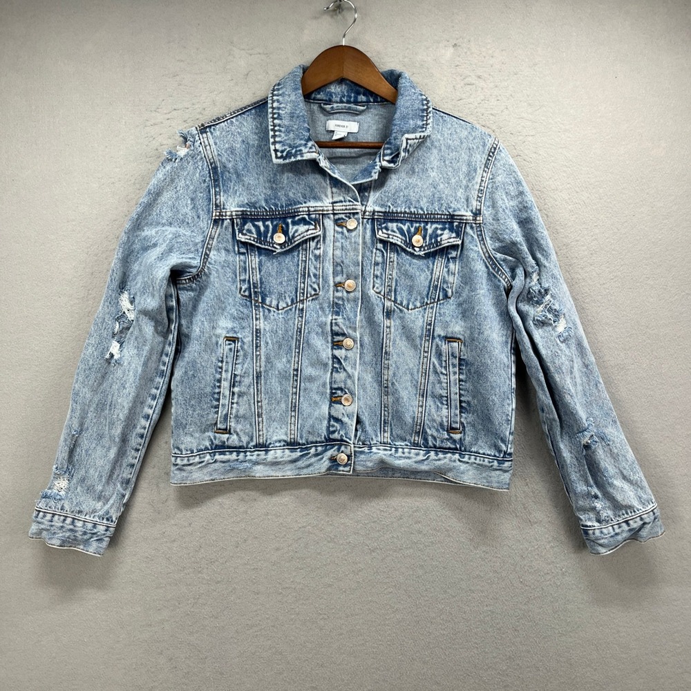 Forever 21 Denim Jacket Women Large Blue Acid Wash Distressed Trucker Streetwear